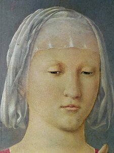 Jomfruen og barnet mellom to engler, kjent som Madonna av Senigallia detalj av Jomfruens hode, ca. 1472 olje på tre